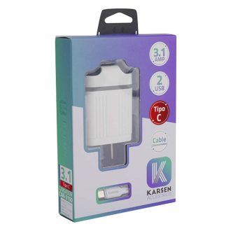 Cargador 220V Karsen Tipo C 3.1A 2 USB + Cable
